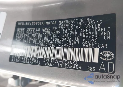 2015 Toyota Corolla Le из США, поврежденный, VIN 2T1BURHE6FC439221